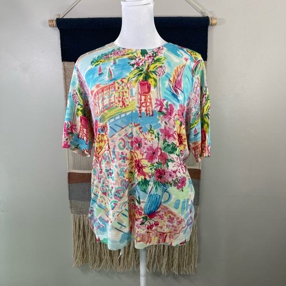 5 for 24 Talbots Italian Village Painting 100% Cotton Short Sleeves Crewneck M - Picture 1 of 5